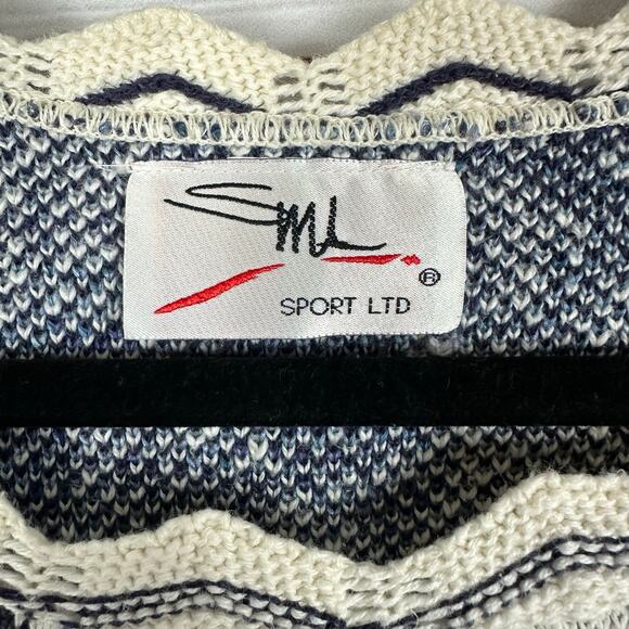 Women's VTG SML Sport Ltd Navy Floral Print Knit Scalloped Edge Granny Sweater M - Picture 4 of 5